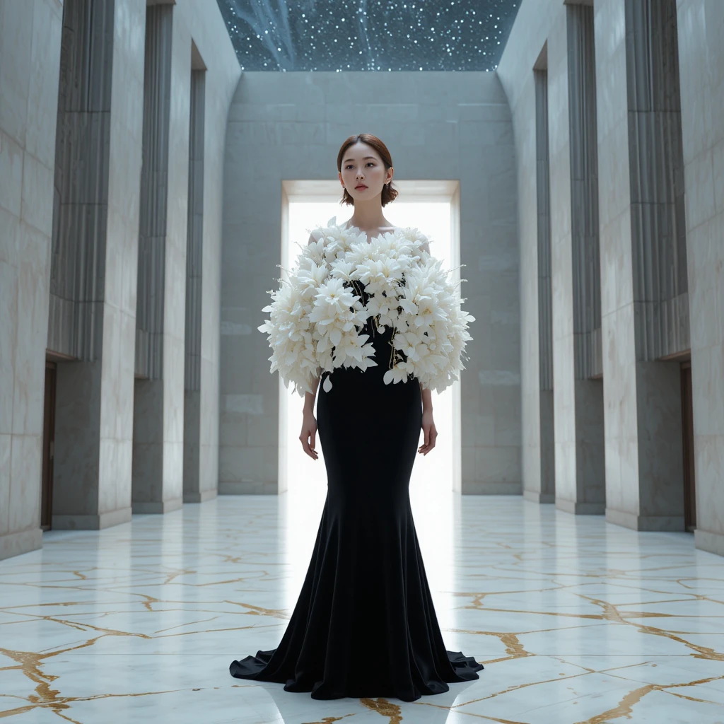 Koreanerin im schwarzen Samt-Couturekleid auf einem Onyx-Laufsteg