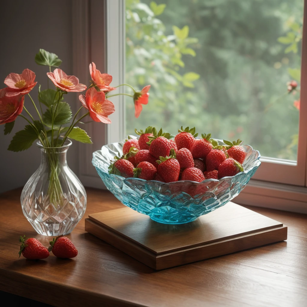 Fraises dans un bol en verre sur une table en bois baignée de soleil