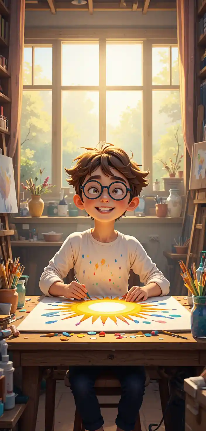 明るいアートスタジオで笑顔の太陽を描く少年