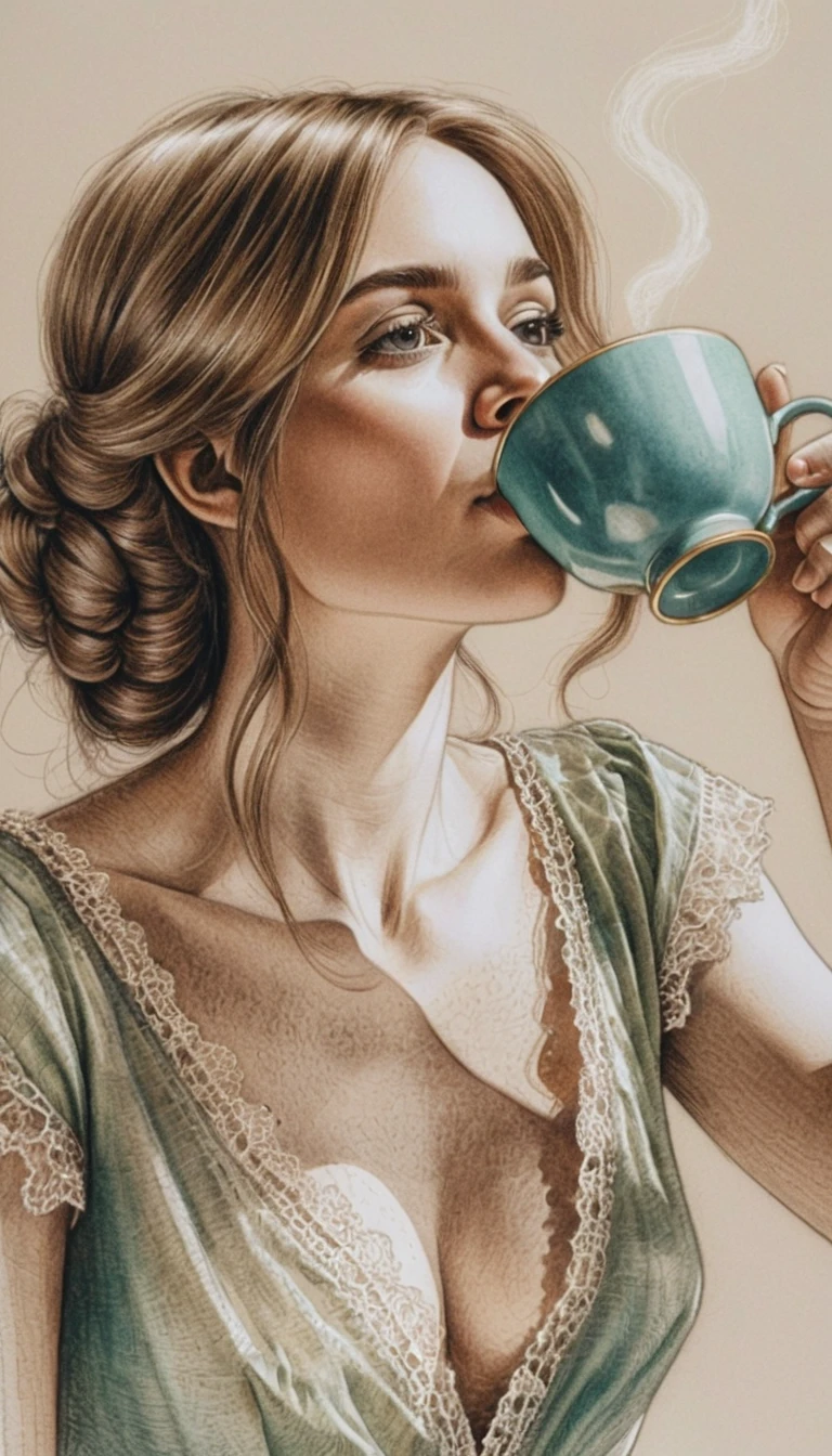 Femme en robe turquoise buvant du thé près d’une fenêtre ensoleillée