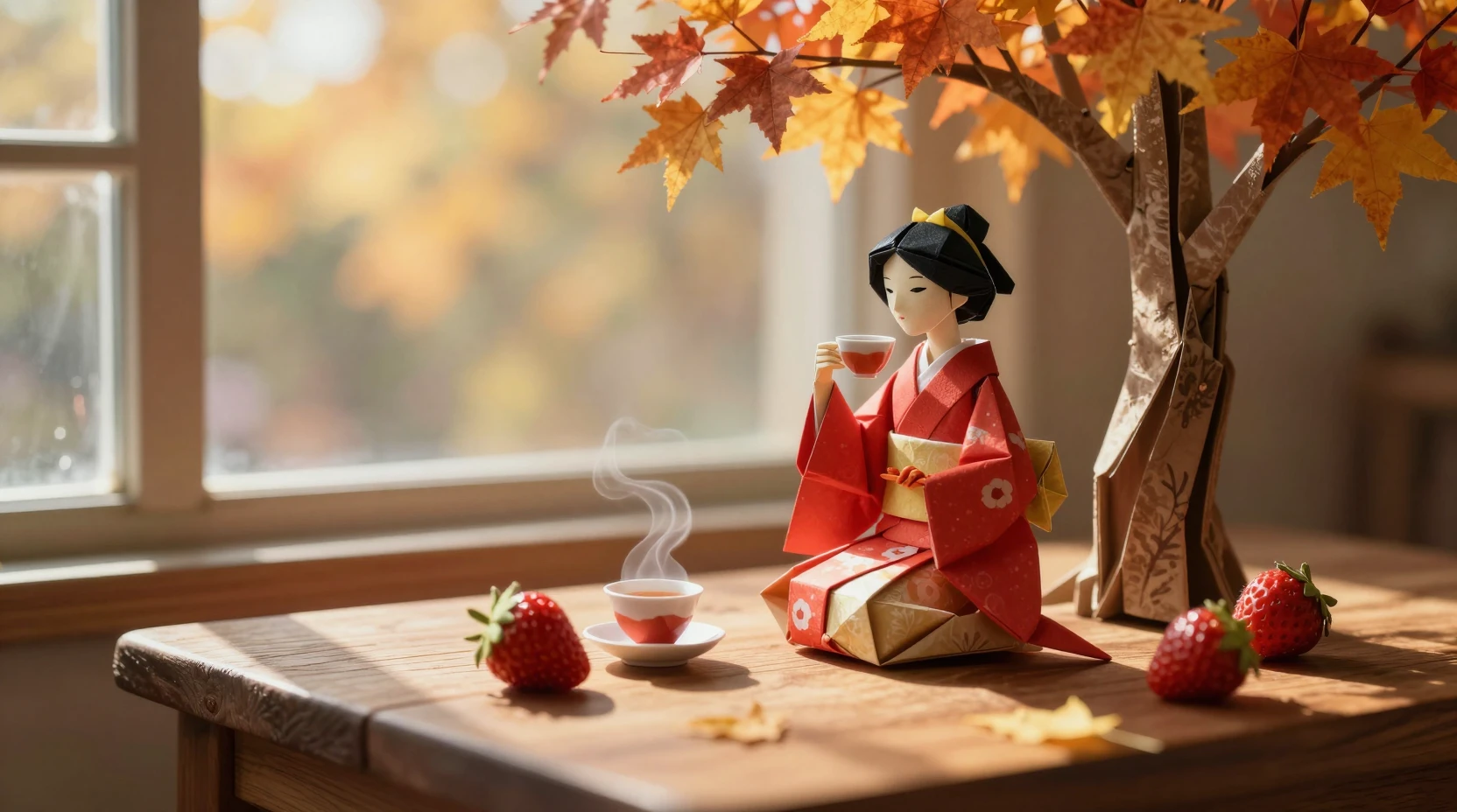 Donna origami in kimono rosso che si gode il tè su un tavolo di legno