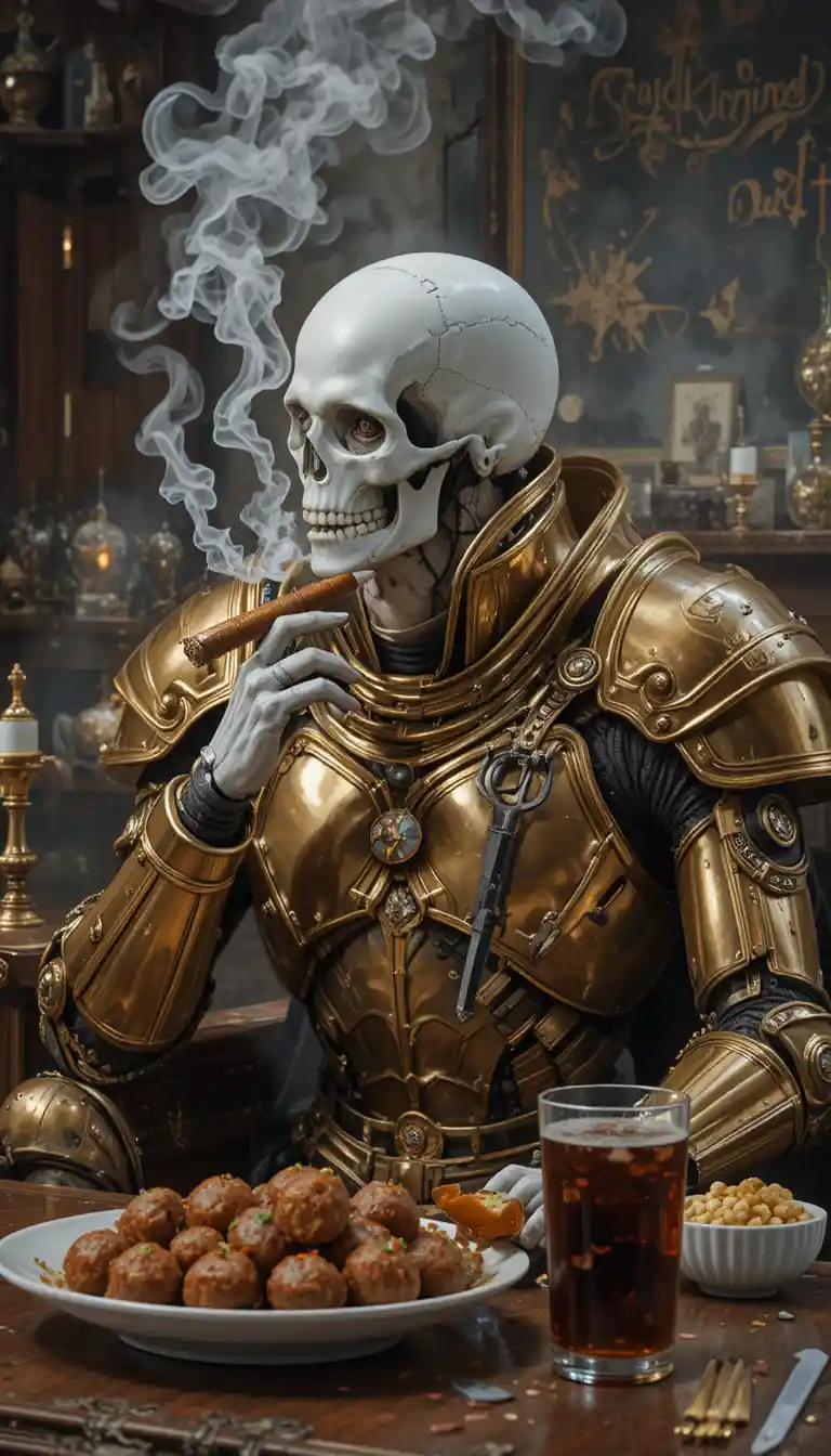 Calavera blanca con armadura dorada relajándose en una sala de estar