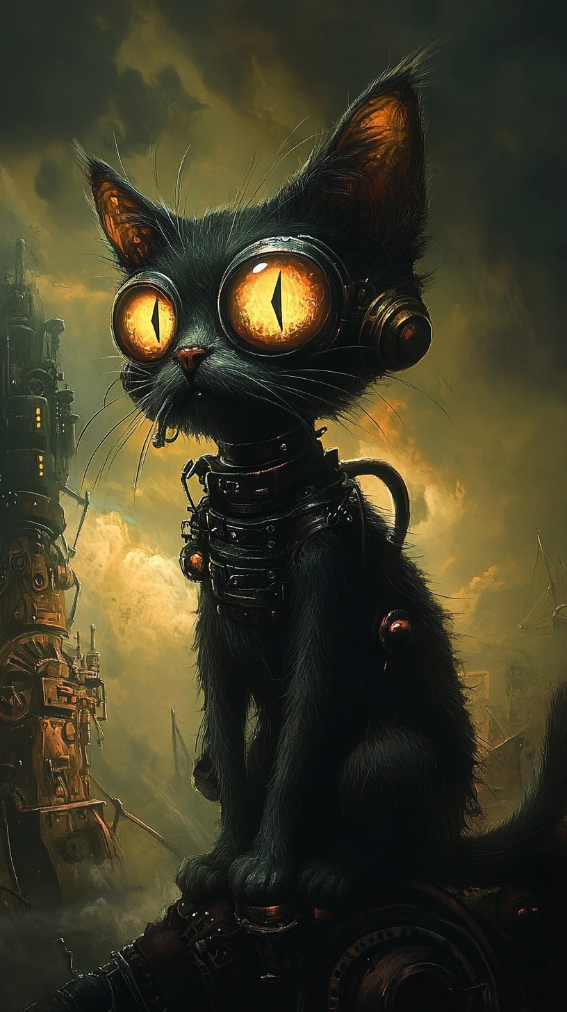Dark steampunk cat figure with glowing eyes rising
