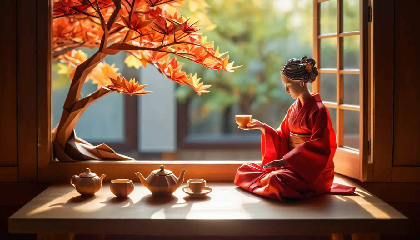 身穿紅色和服的摺紙女子在窗邊享用茶飲