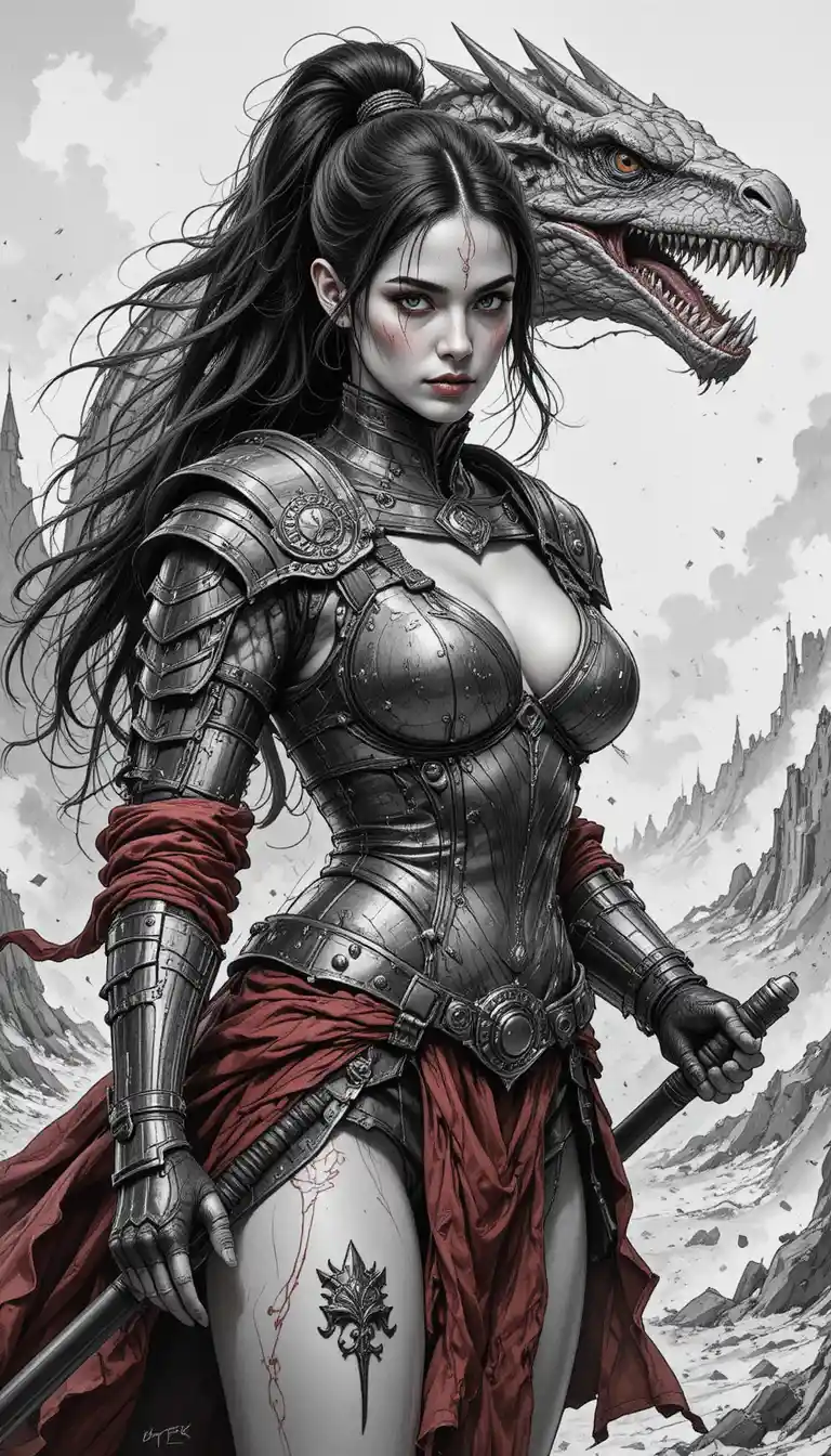 Scarred female warrior with spear in burning wasteland