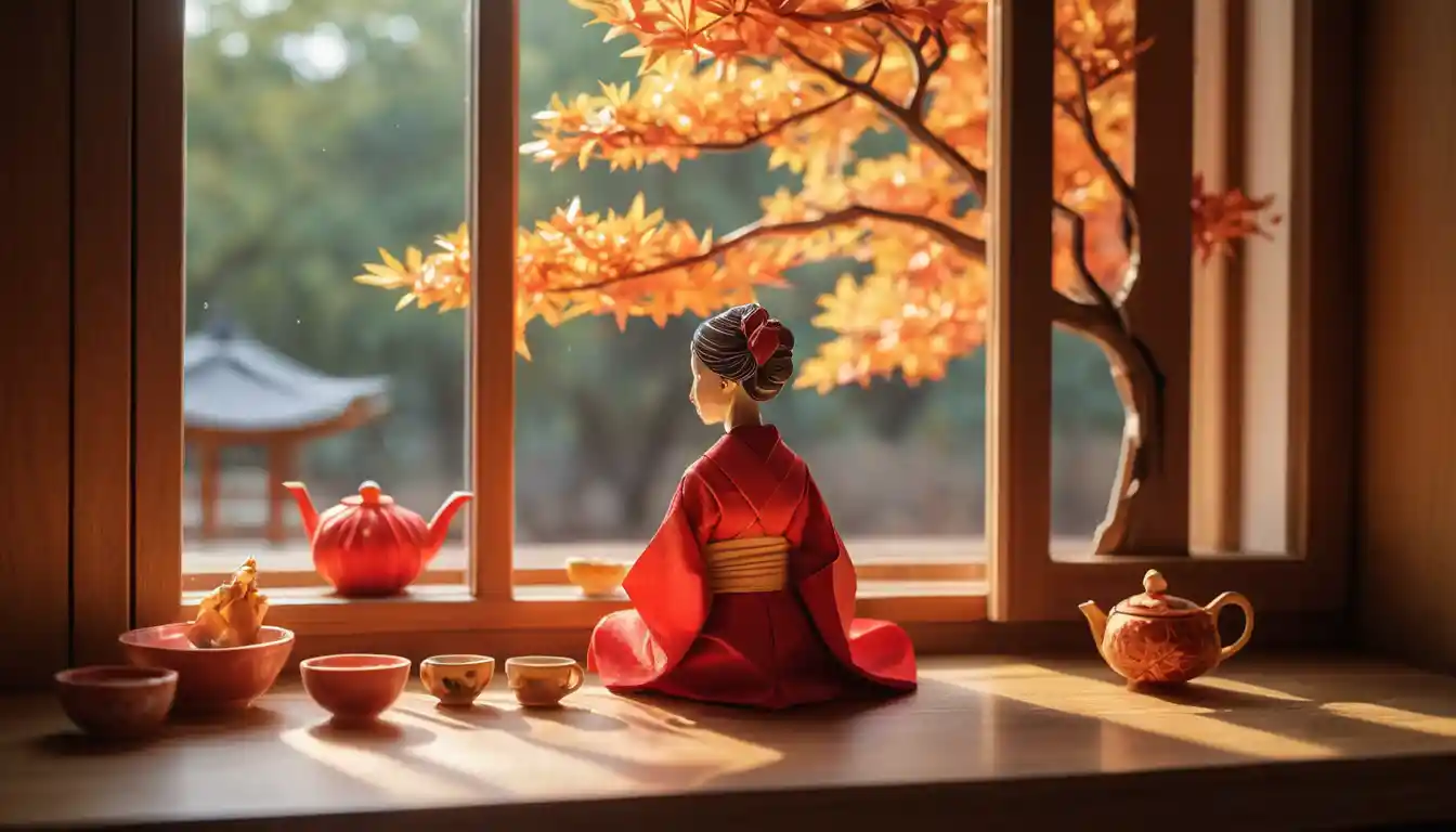 Origami woman in red kimono enjoying tea by window