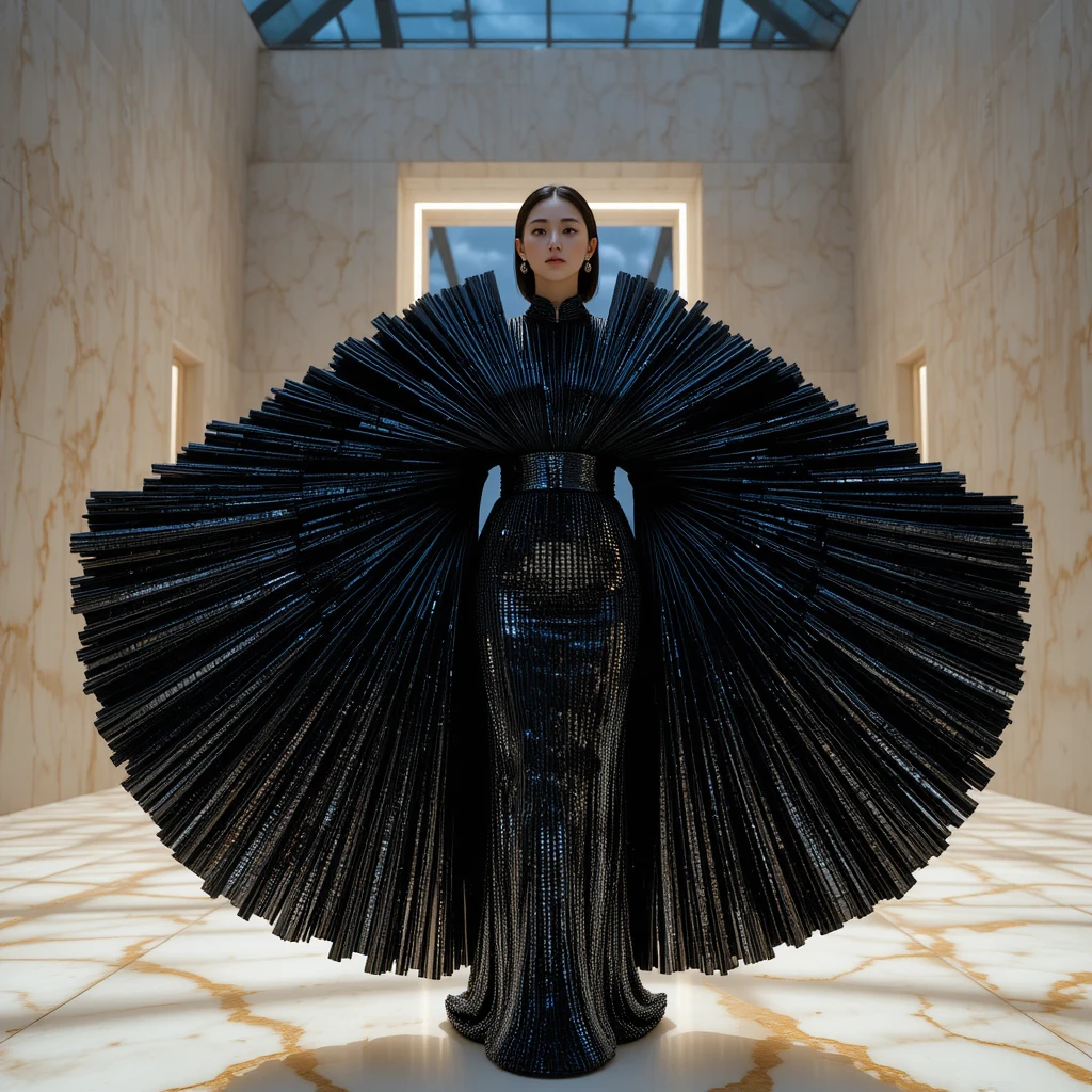 Koreanische Frau in schwarzem Paillettensäulen-Kleid mit skulpturalem Fächer-Ausschnitt
