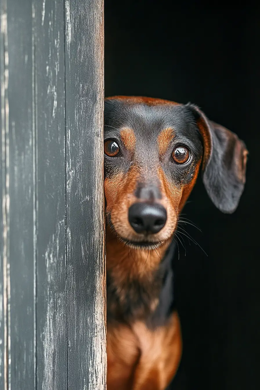 Dachshund de pelo duro tímido espiando por trás de uma parede
