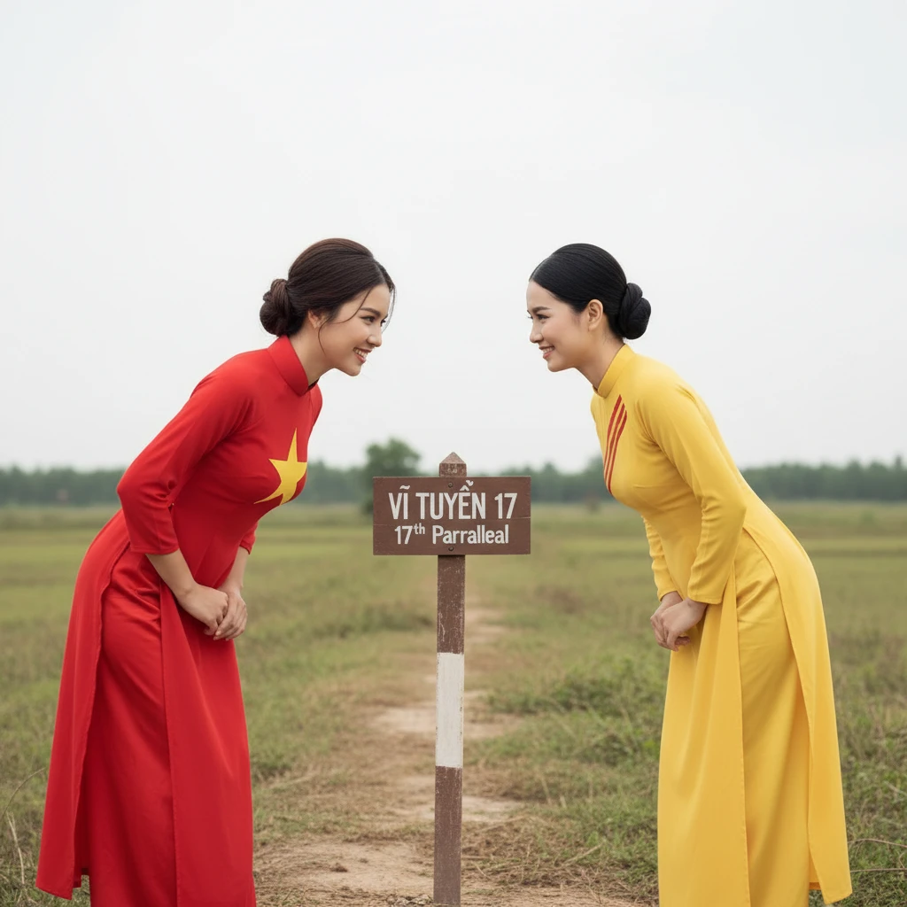 Due ragazze in abiti ao dai contrastanti che fanno un inchino all’aperto