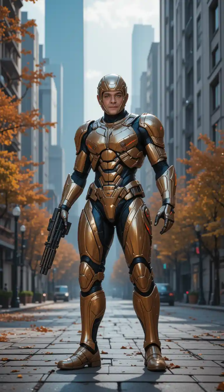 Armored sci fi soldier with dual guns in city street