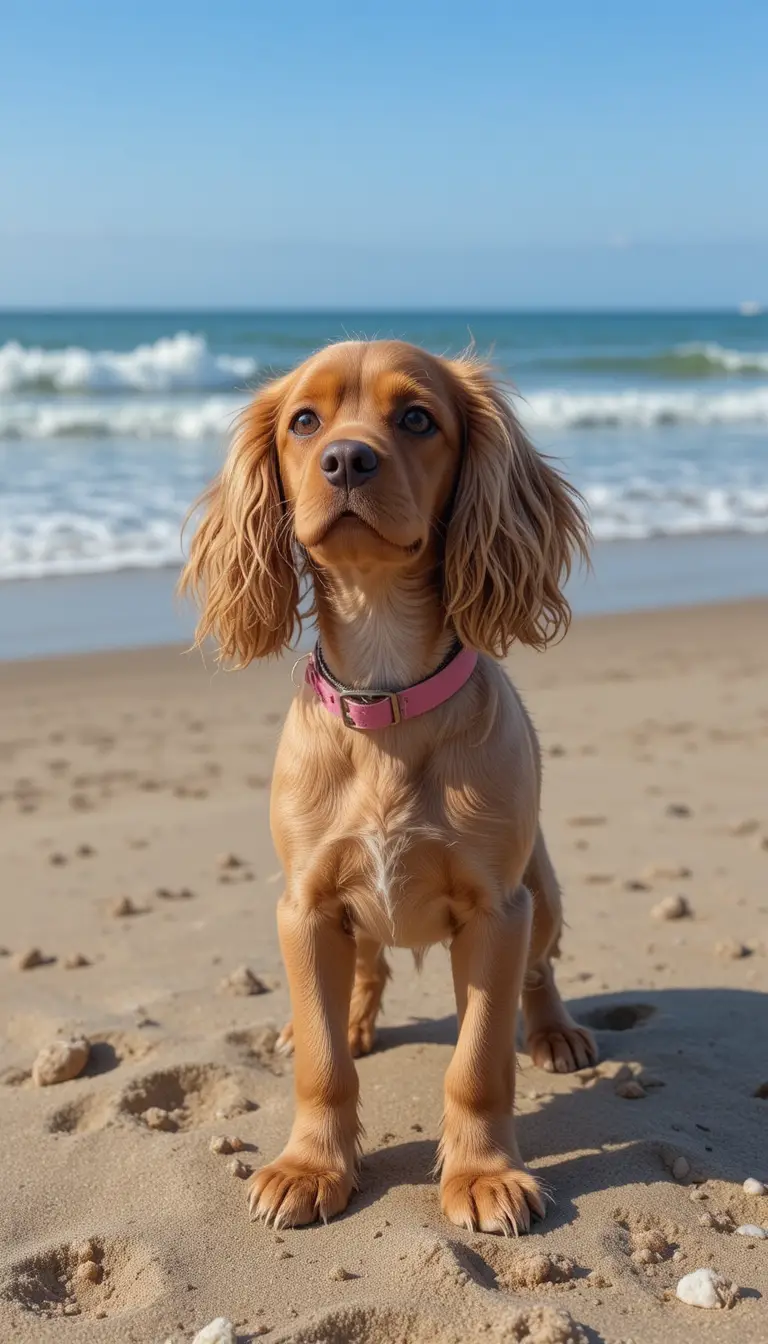 Fofo cocker spaniel em pé na praia ensolarada e de areia