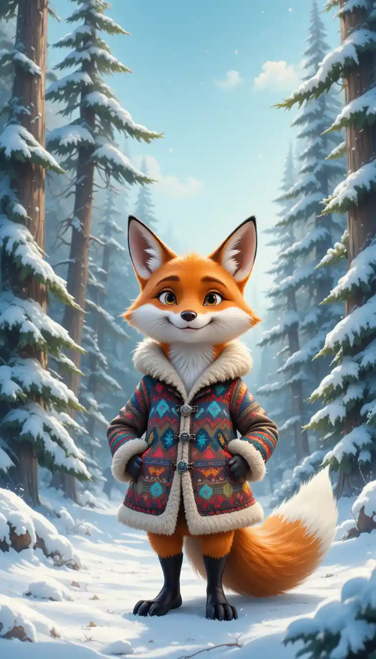 Fröhlicher Cartoon-Fuchs in einem verschneiten Winterwald