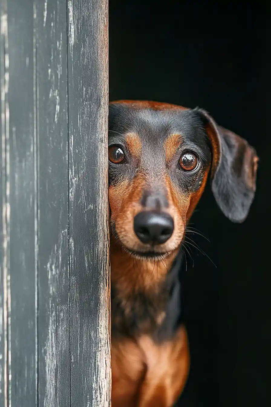 Shy wirehaired dachshund peeking from behind a wall