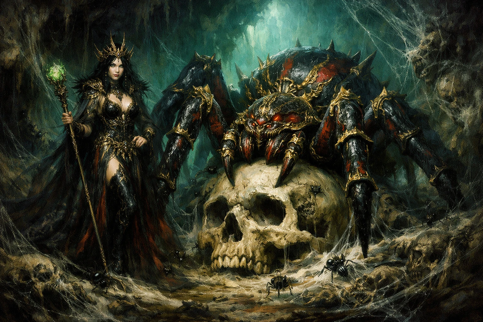 Spider queen beside a giant armored spider on skull