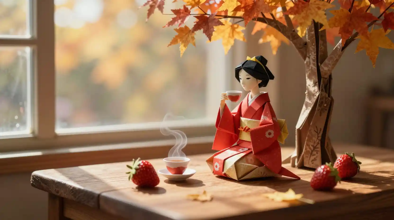 Femme en origami en kimono rouge dégustant un thé sur une table en bois
