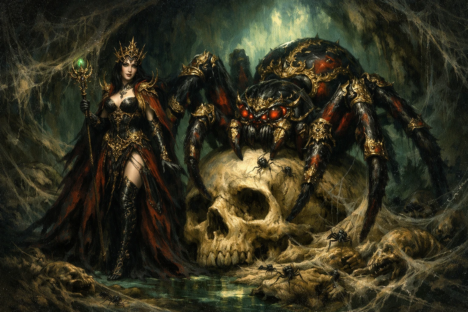 Spider queen beside a massive armored spider on skull