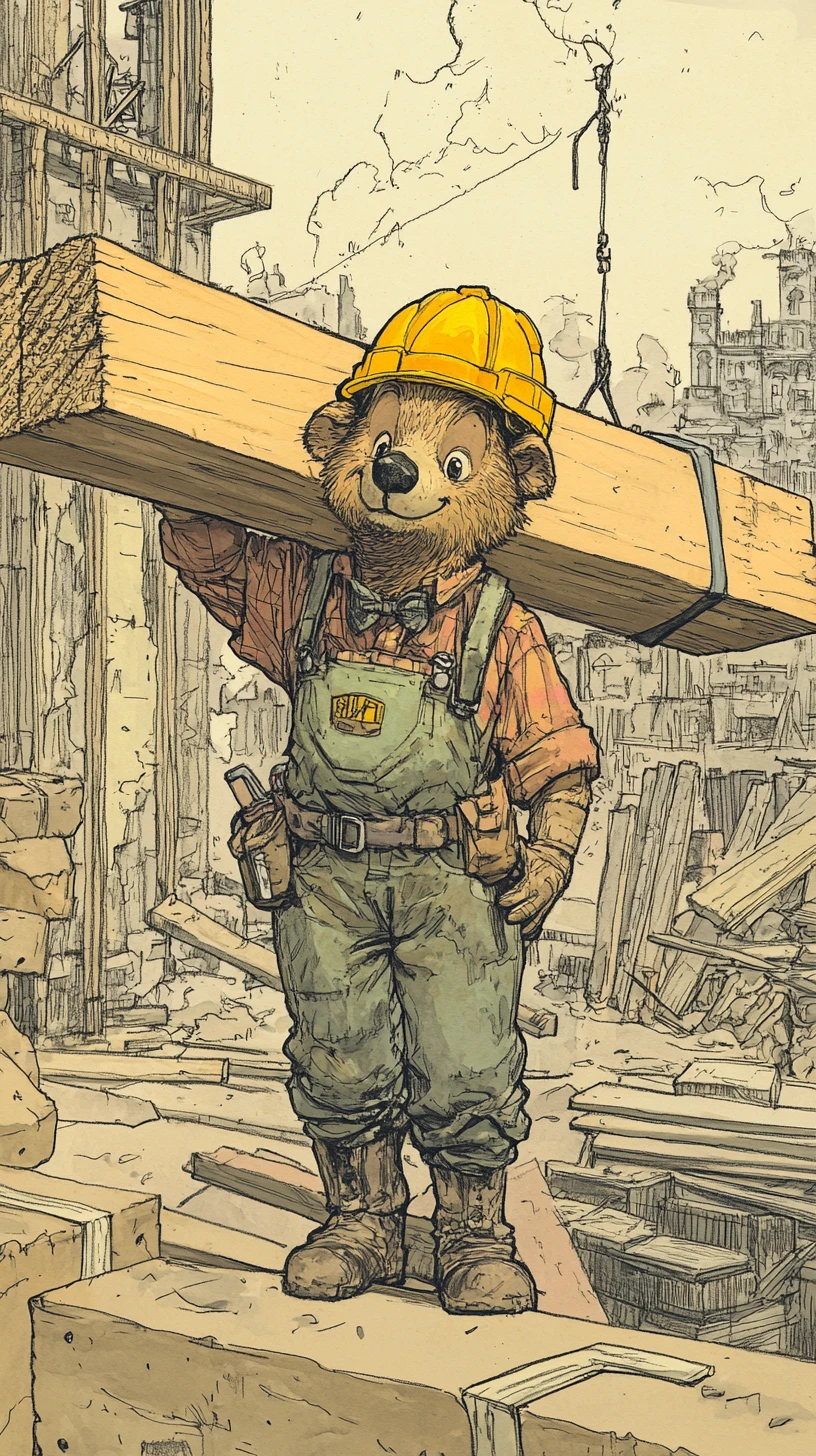 Ours ouvrier du bâtiment en dessin animé sur un chantier animé