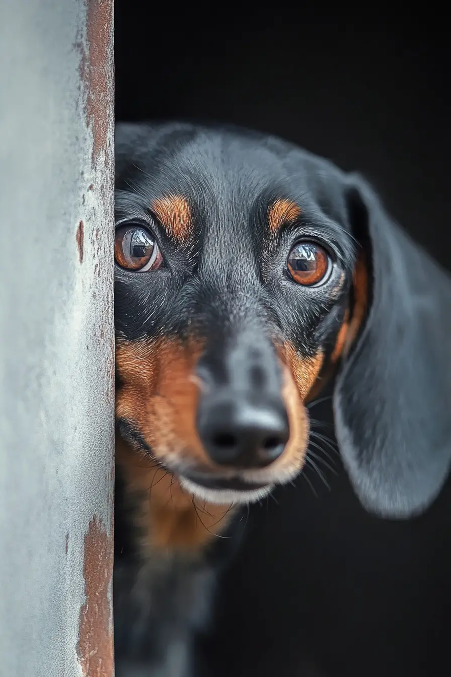 Dachshund de pelo duro tímido espiando por trás de uma parede texturizada