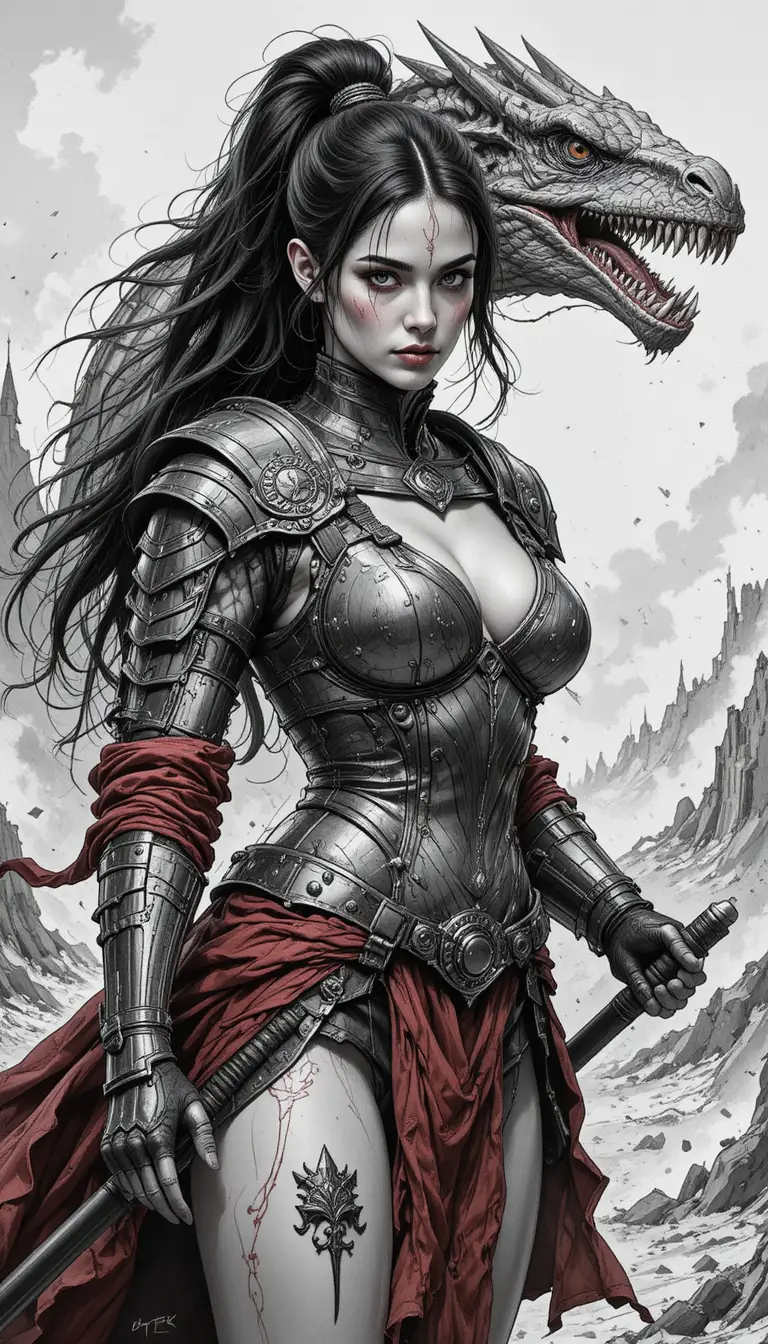 Scarred female warrior with spear in burning wasteland