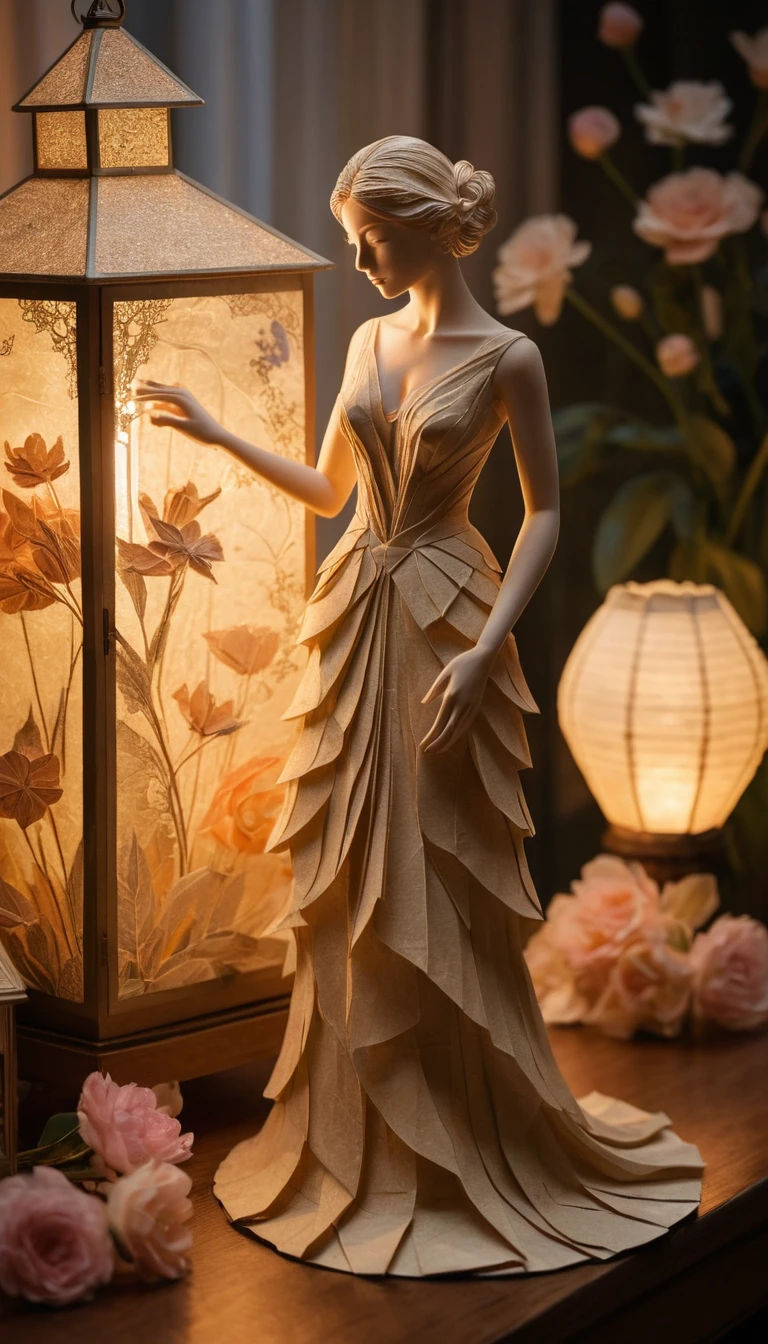 Escultura de papel de mulher em vestido com flores e lanterna