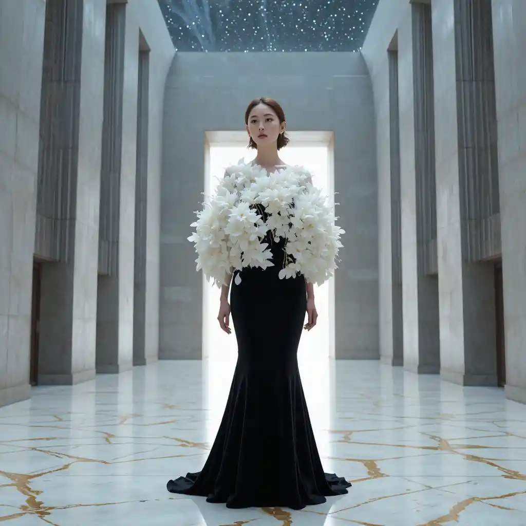 Koreanerin im schwarzen Samt-Couturekleid auf einem Onyx-Laufsteg