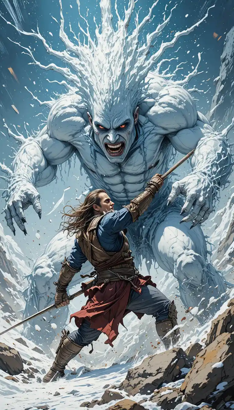 Epic battle between snow creature and mud monster in comic style