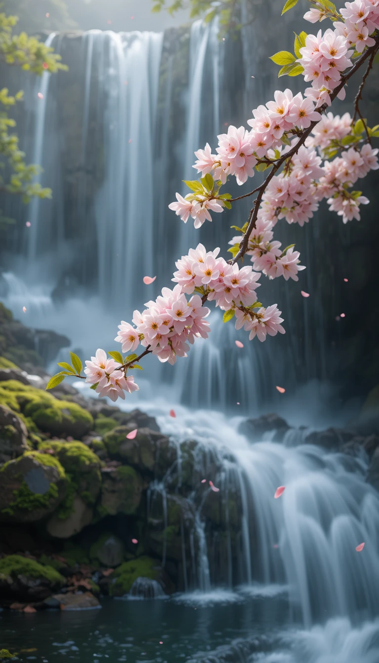 Almond blossoms above a mossy waterfall in soft light
