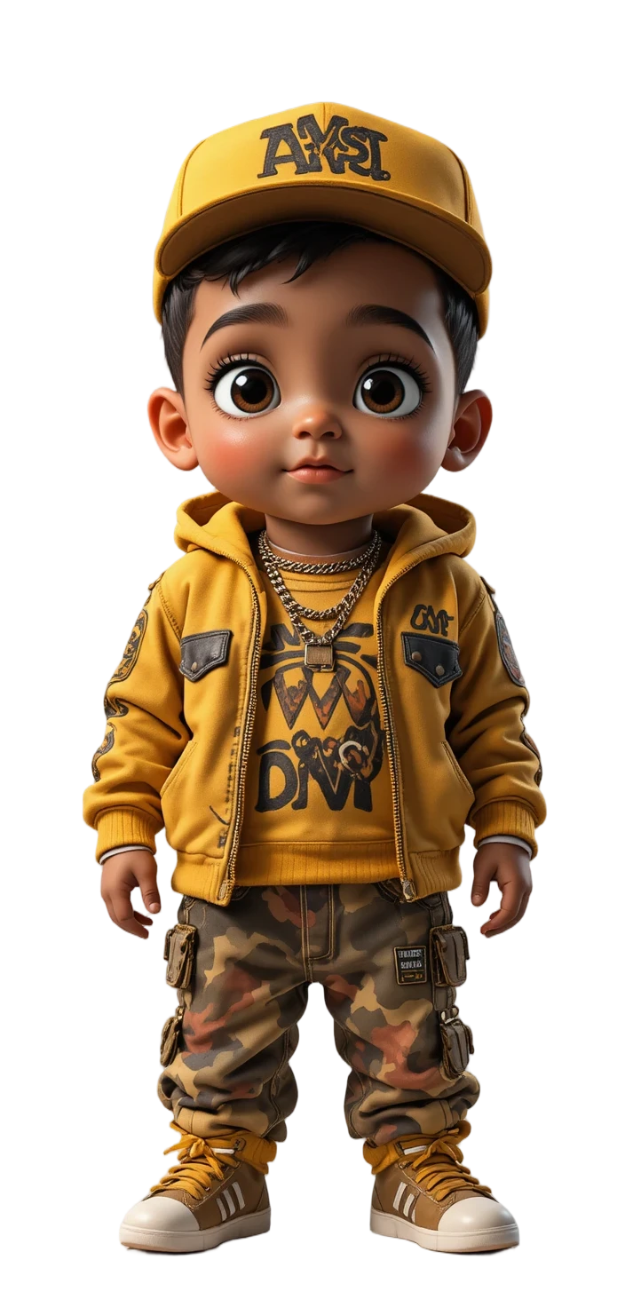 Bebê em roupa de rapper em estúdio iluminado estilo Pixar