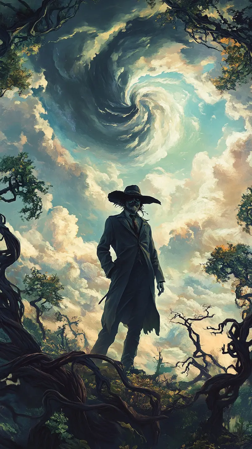 Surreal bandit smiling beneath a swirling dreamlike sky