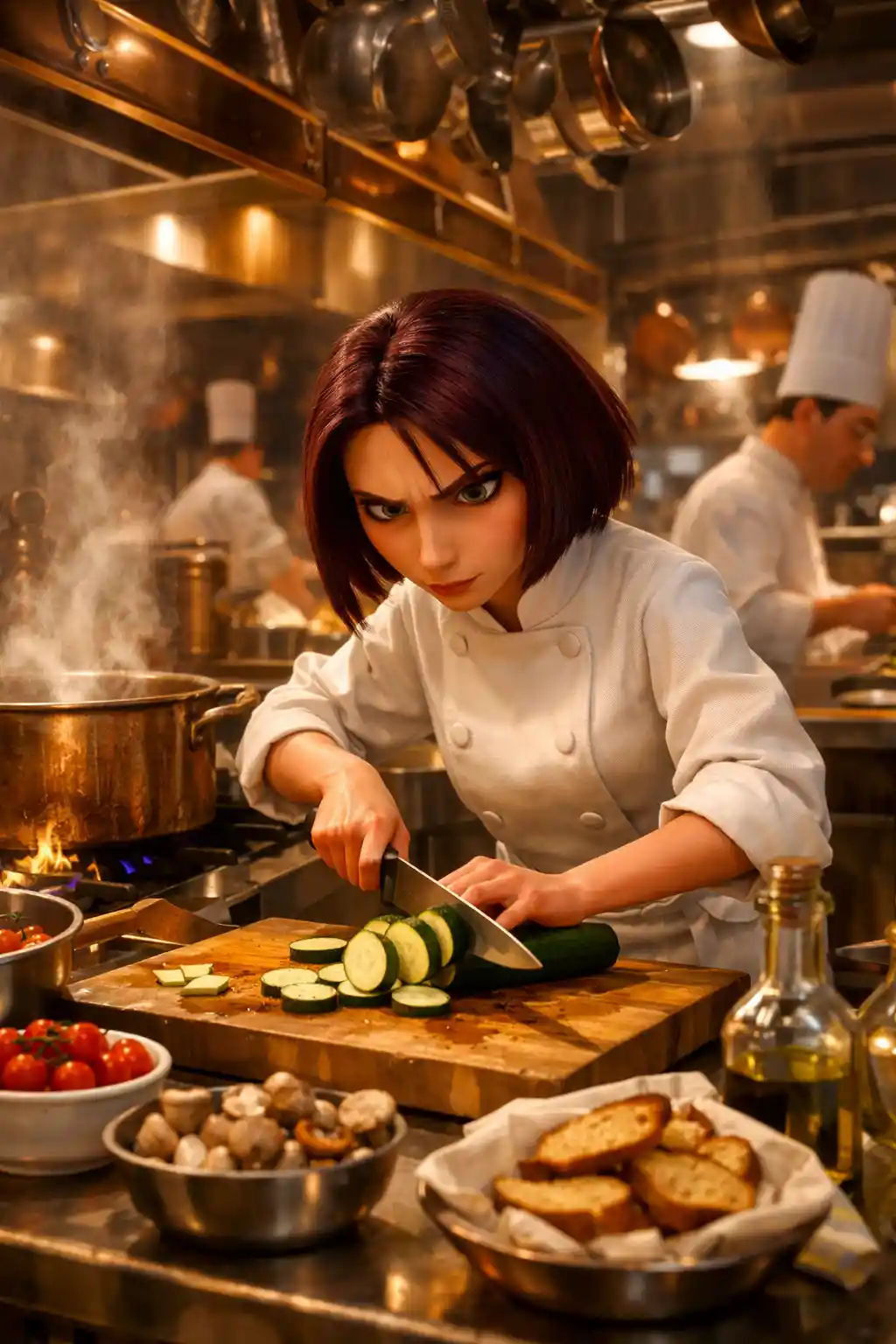 Determined woman working in a bustling restaurant kitchen