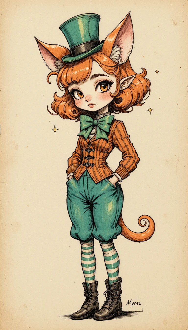 Whimsical imp portrait with vintage ink and pencil style