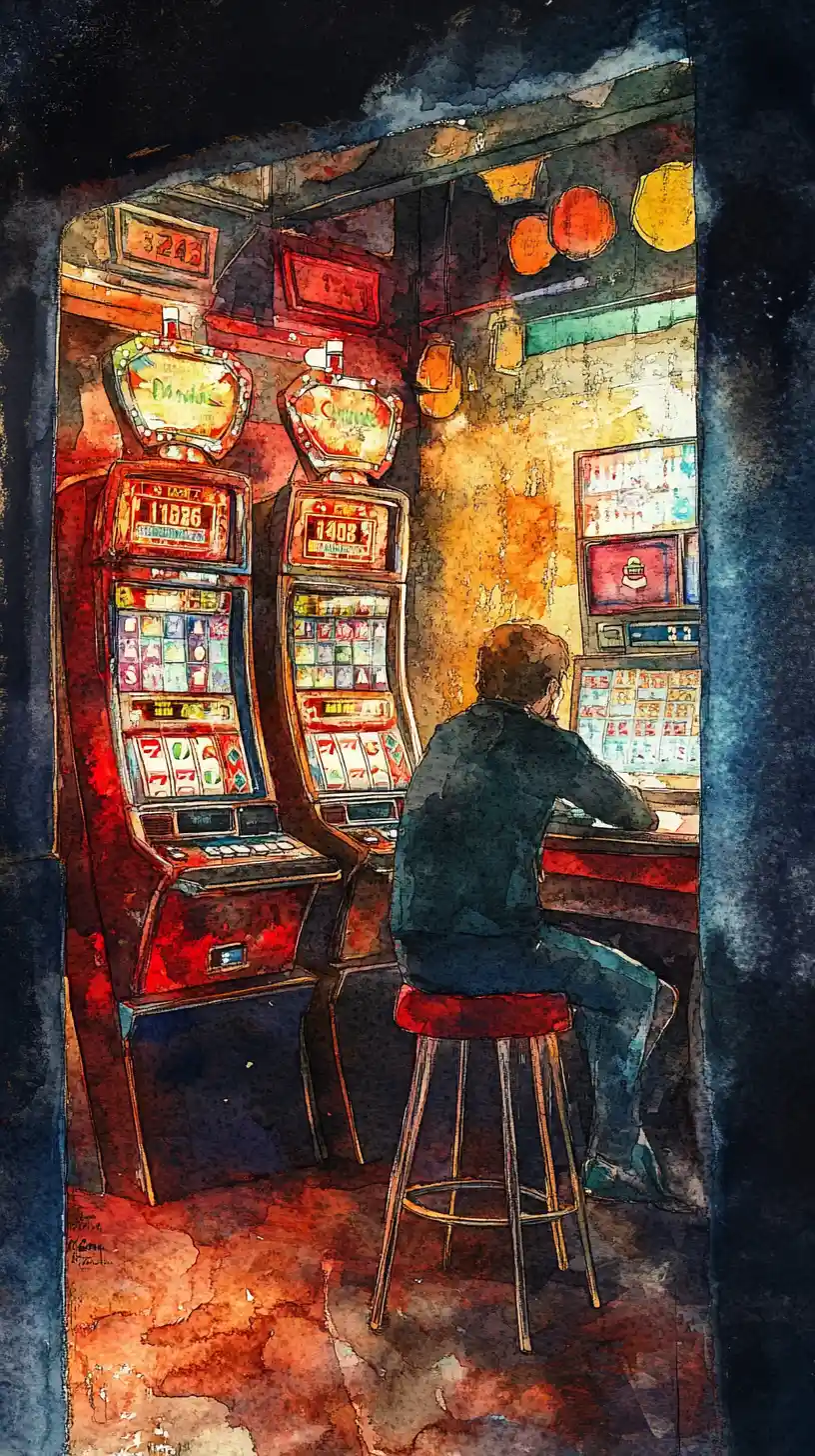 在遊樂場玩老虎機的興奮賭客