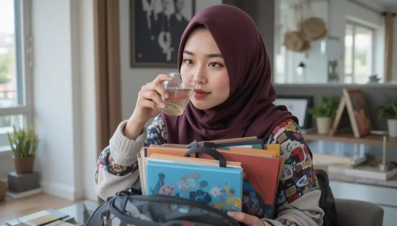 Young woman packing her study bag in a quiet room