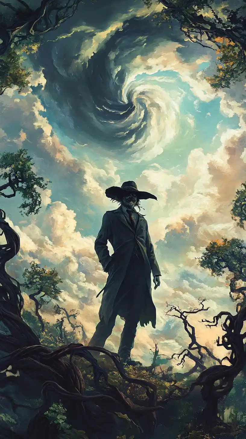 Surreal bandit smiling beneath a swirling dreamlike sky
