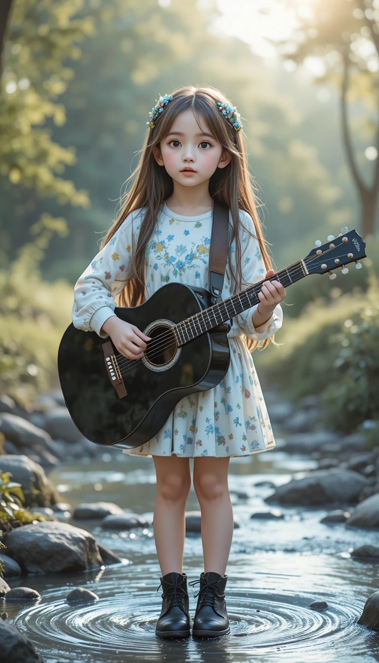 Jeune fille chantant avec une guitare dans un ruisseau