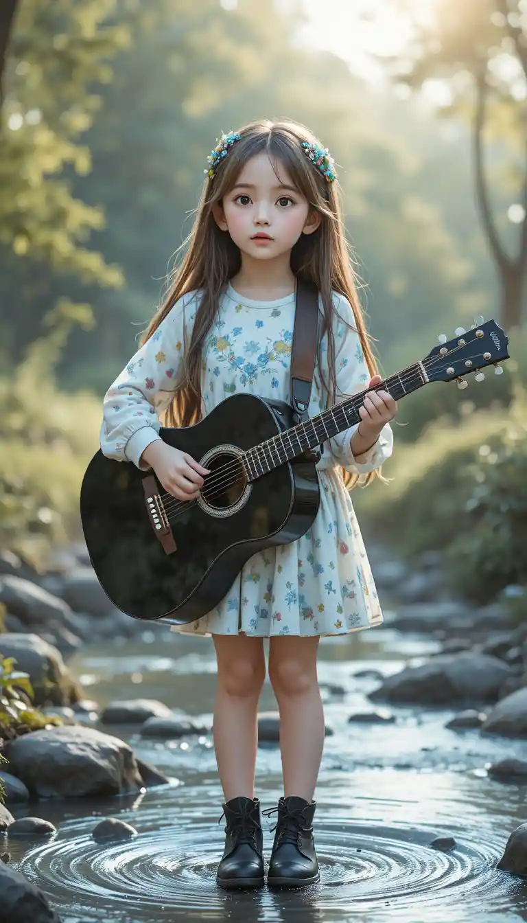 Giovane ragazza che canta con la chitarra in un ruscello