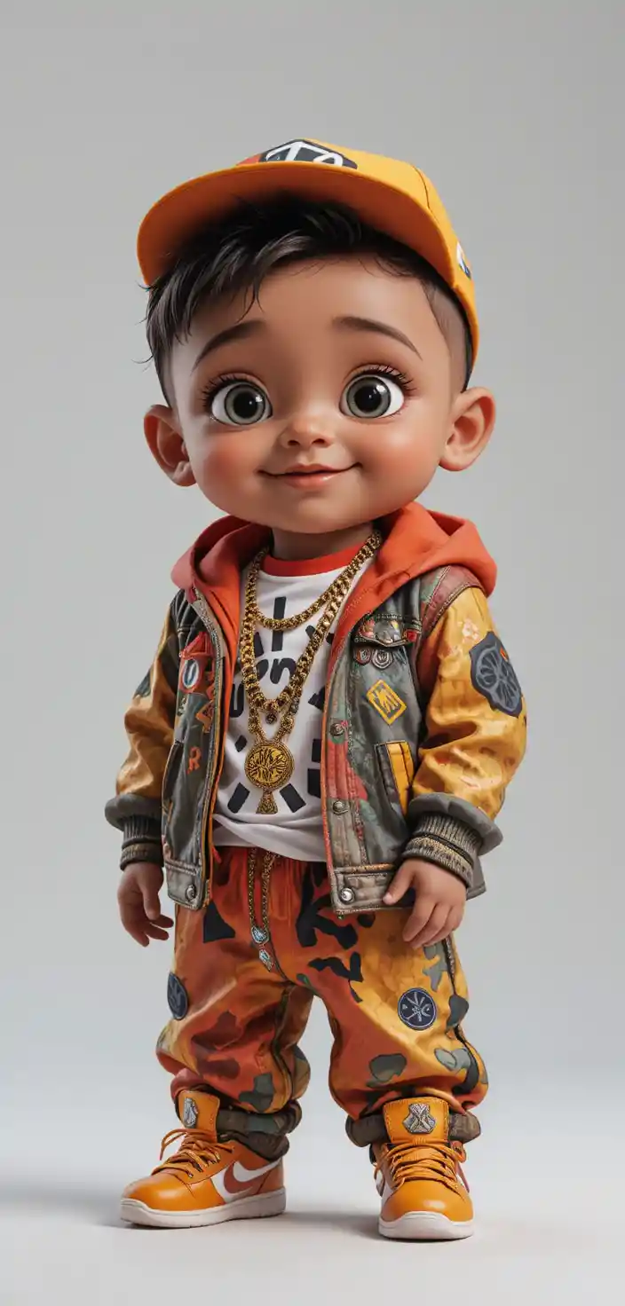Baby im Rapper-Outfit im bunten Pixar-Studio