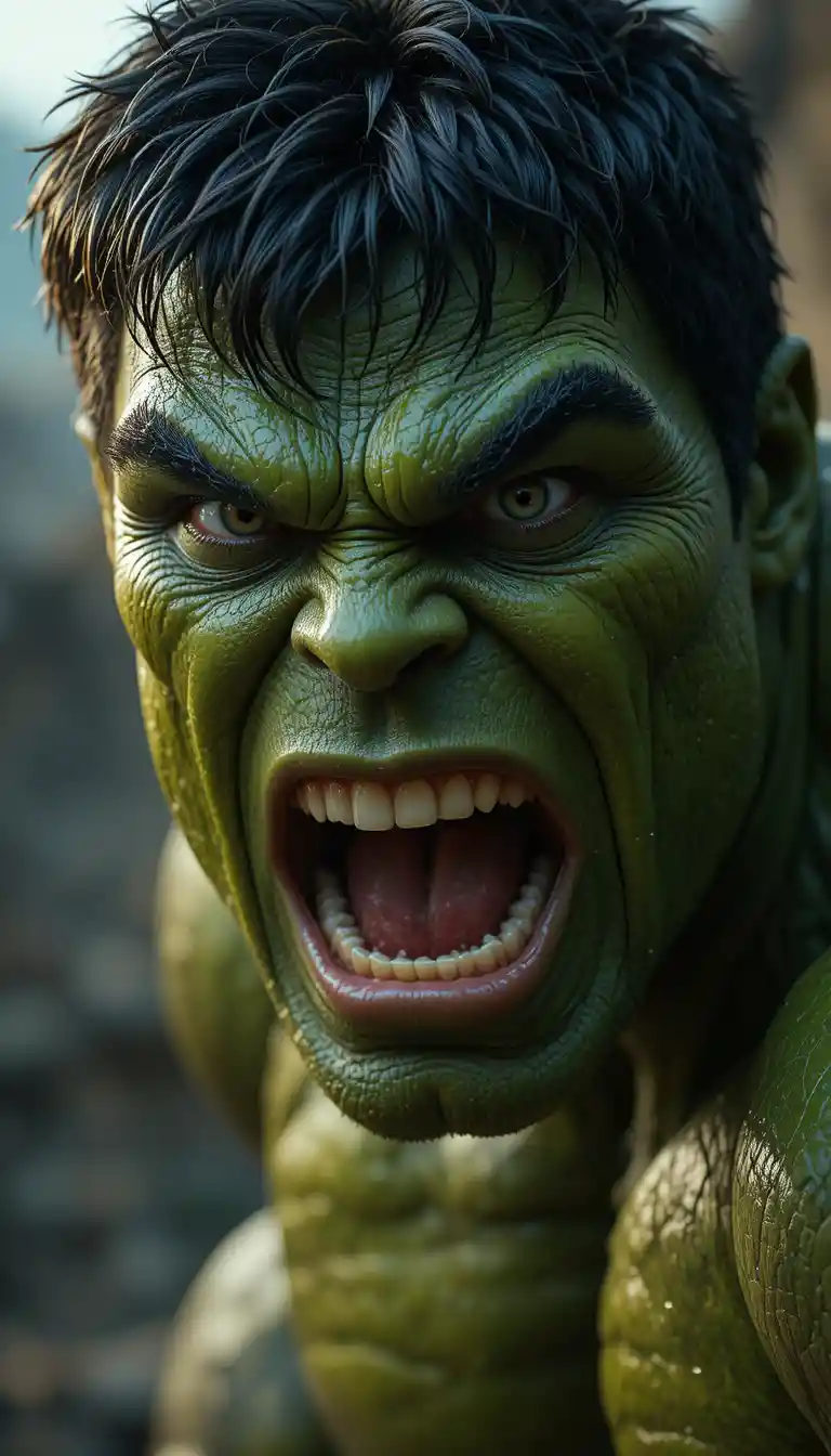 Shocked green muscular man close up with intense eyes