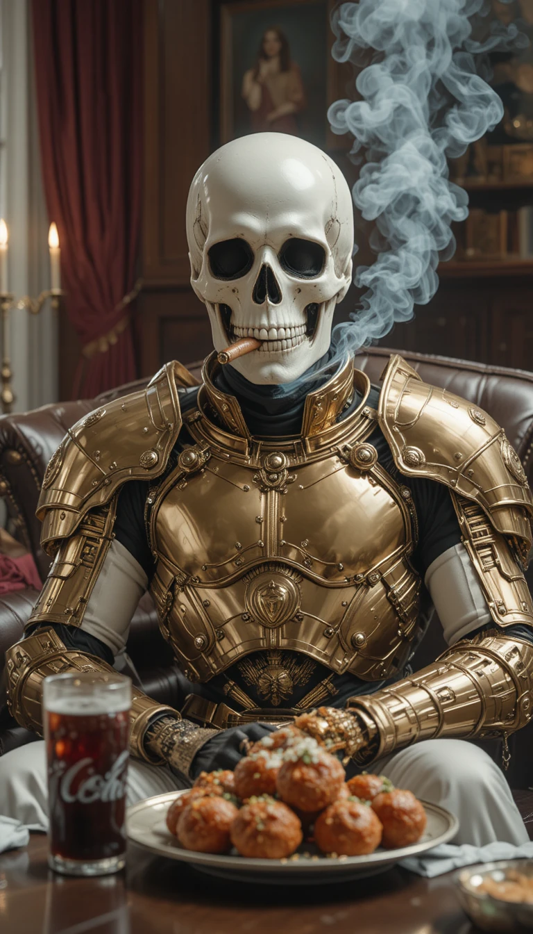Crâne blanc en armure dorée se relaxant dans un salon