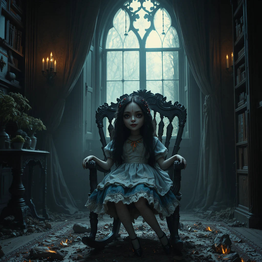 Creepy alice doll on gothic rocking chair at night