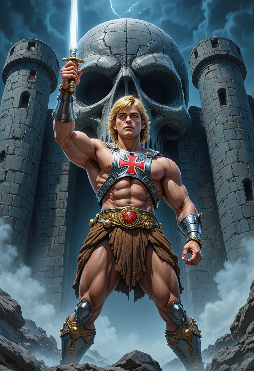 Blond muscular fantasy hero raising glowing sword at fortress
