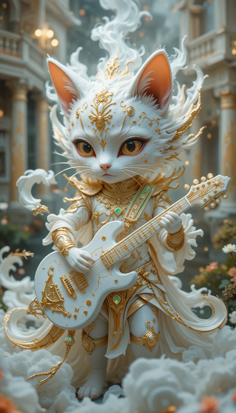 Mythischer Katzengeist, der eine leuchtende Gitarre vor einem Palast spielt