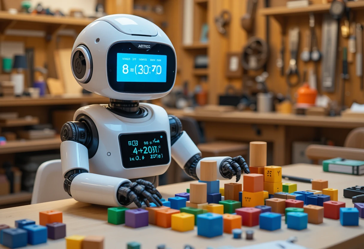 Service robot arranging childrens blocks in a warm workshop