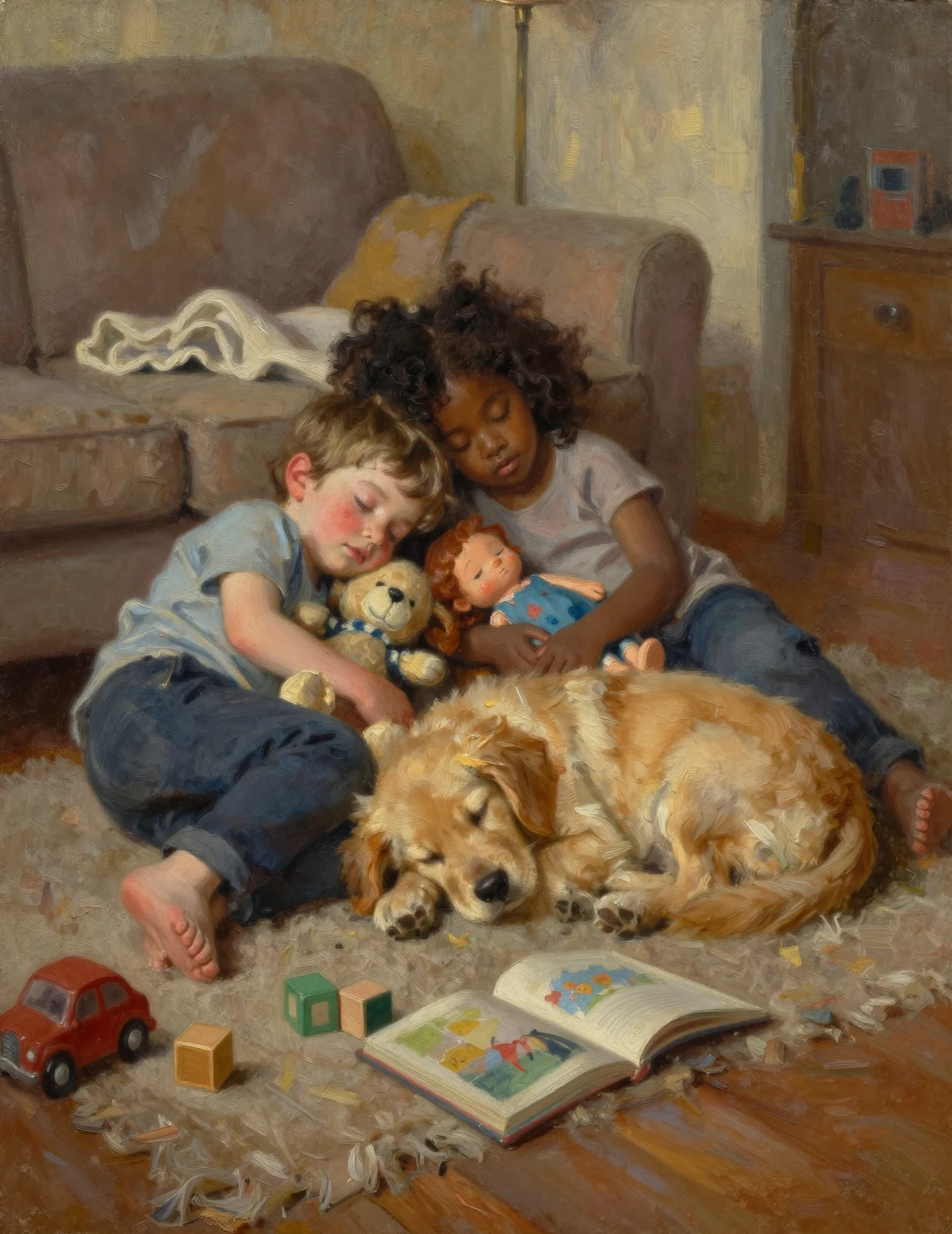 Enfants endormis et chiot dans un salon chaleureux peint à l’huile