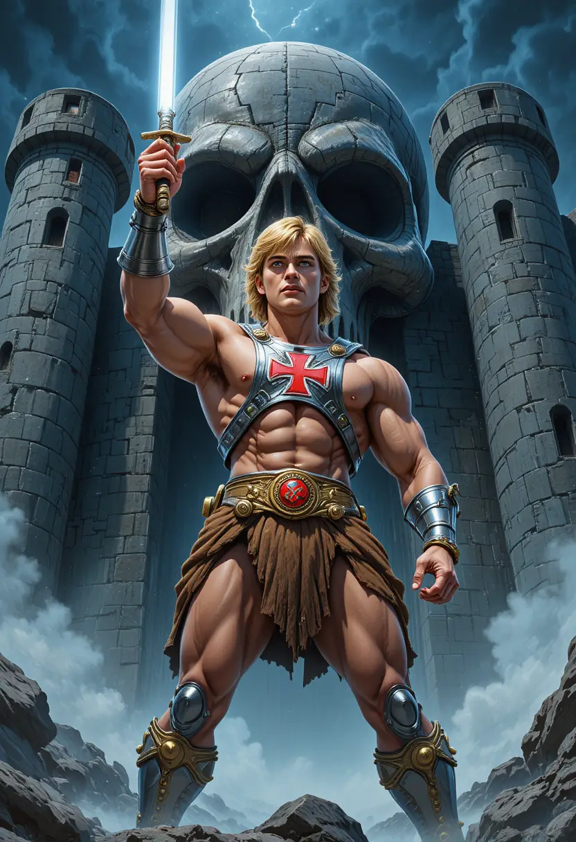 Blond muscular fantasy hero raising glowing sword at fortress