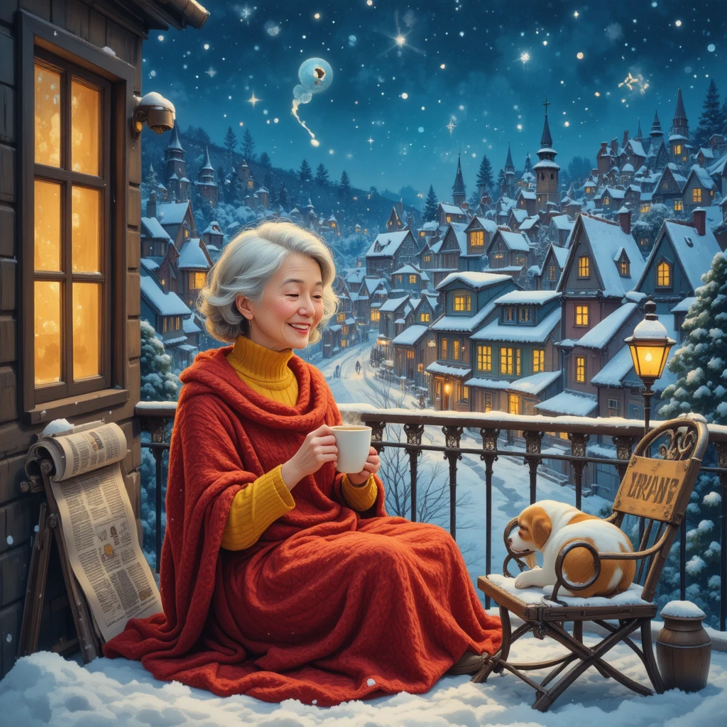 Older woman on snowy balcony with tea and dog