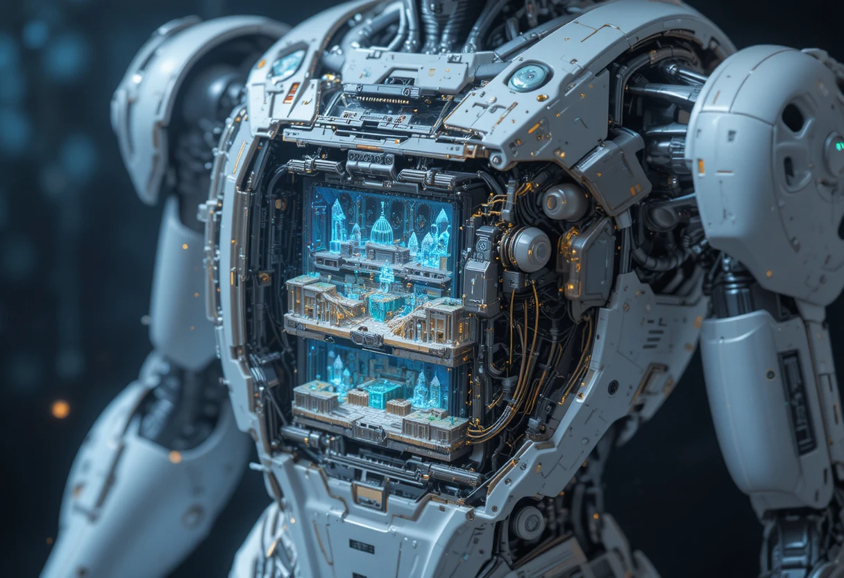 Cutaway illustration of a robot memory core with holographic data