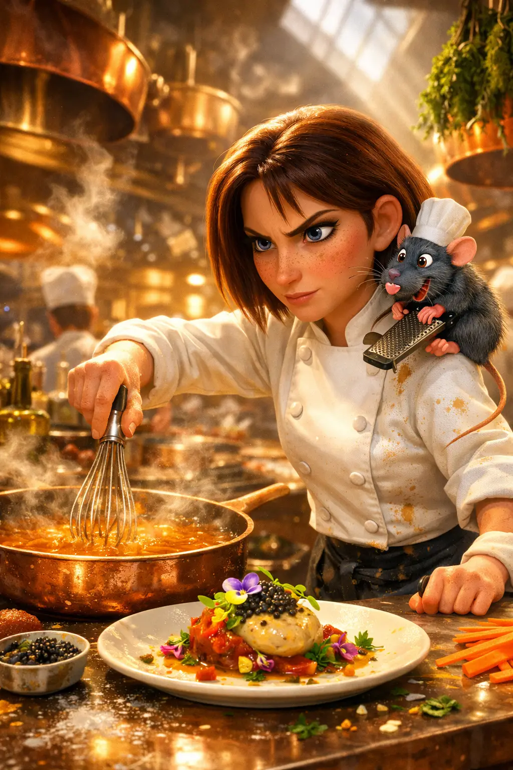 Topo chef in stile Pixar e donna in una cucina affollata di Parigi