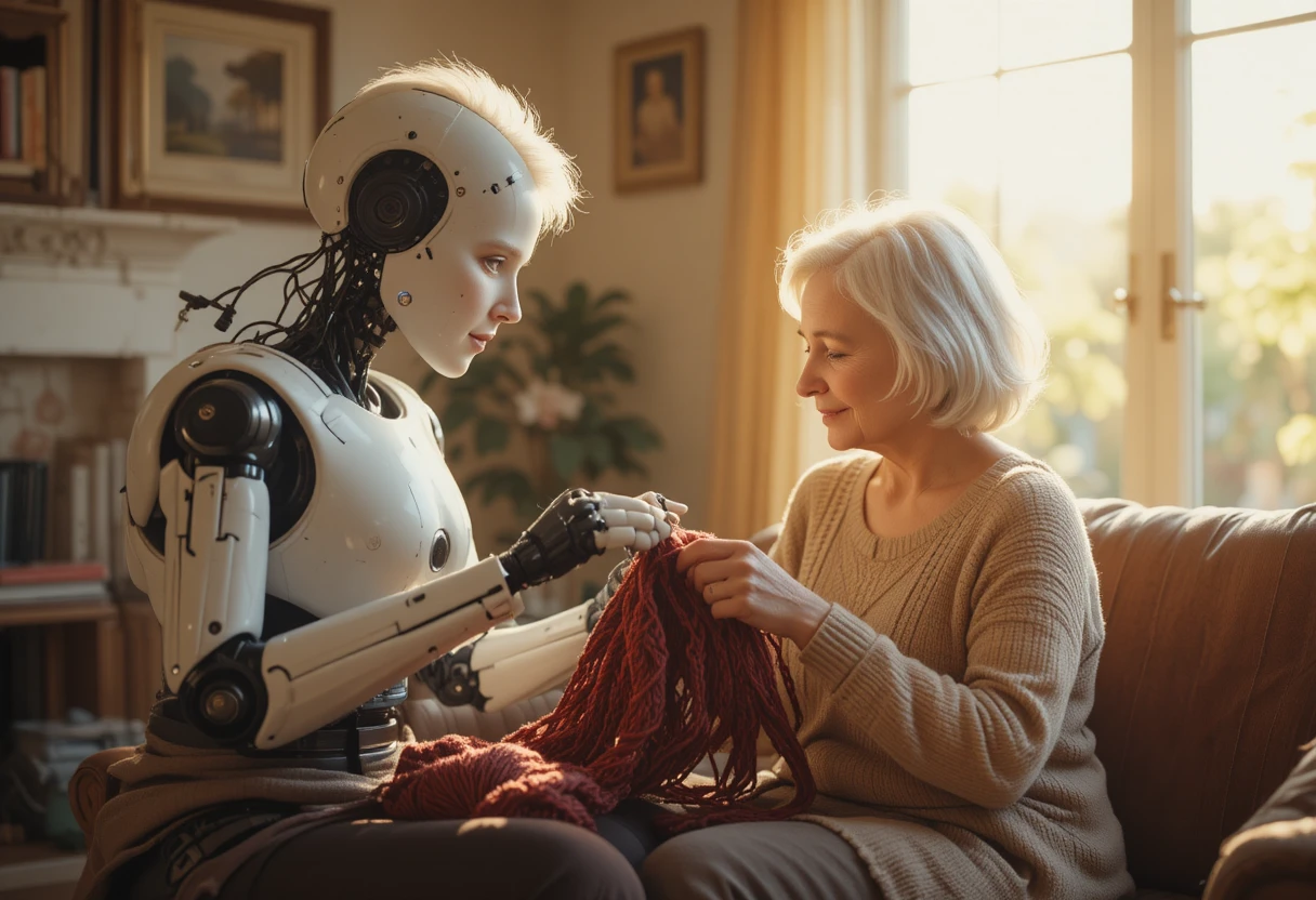 Mujer mayor enseñando a un robot doméstico a tejer juntos