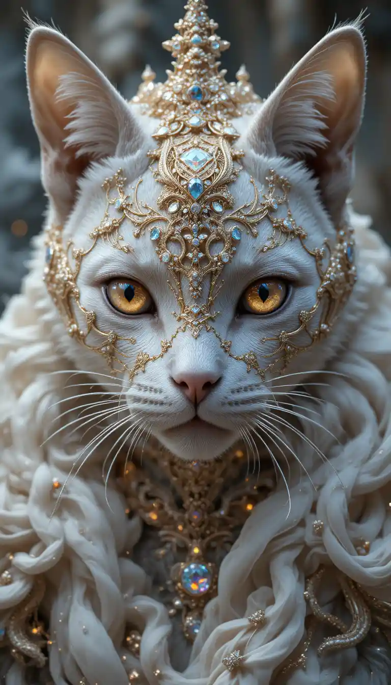 Ornate fantasy cat before a luminous white fairy palace
